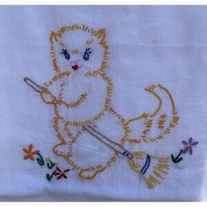 Vintage Embroidered Cotton Tea Towel Witchy Kitty Cat & Broom 28x30”
